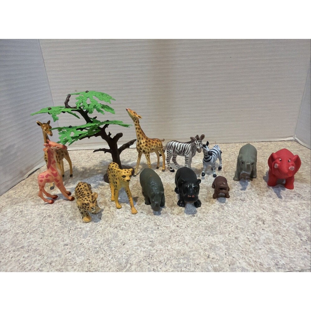 Safari Animal Figure Toy Lot 12 PC Giraffe Zebra Hippo Cheetah Elephant + Tree